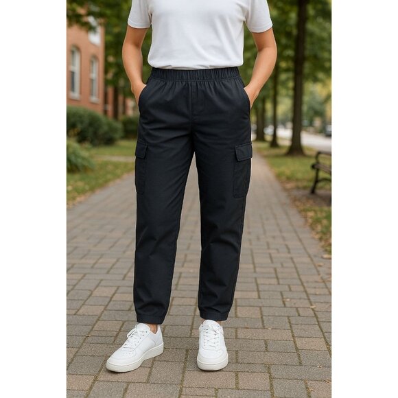 GAP L Pants Women Cargo Pocket Elastic Waist Pull-on High-Rise Soft Twill Black - Picture 1 of 5